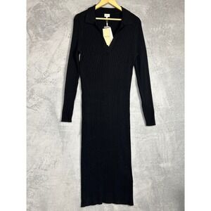 Part Two Black Ribbed Collared Long Sleeve Midi Sweater Dress XL Comfy  Casual